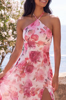 Laden Sie das Bild in den Galerie-Viewer, Rosa A-Linie Chiffon Halterhals Blumen-Maxi-Kleid mit Schlitz