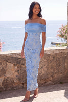 Laden Sie das Bild in den Galerie-Viewer, Blaues Off-the-Shoulder Bodycon-Appliquiertes Blumen-Maxikleid