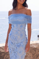 Laden Sie das Bild in den Galerie-Viewer, Blaues Off-the-Shoulder Bodycon-Appliquiertes Blumen-Maxikleid