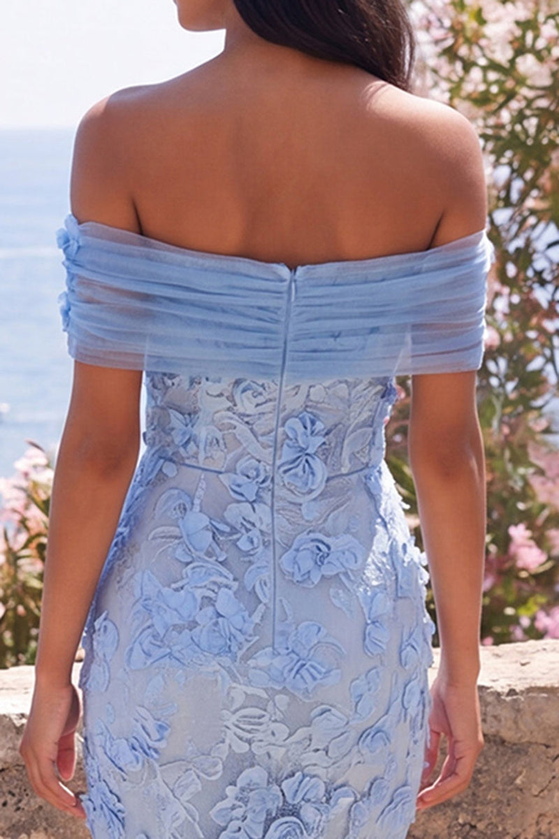 Laden Sie das Bild in den Galerie-Viewer, Blaues Off-the-Shoulder Bodycon-Appliquiertes Blumen-Maxikleid