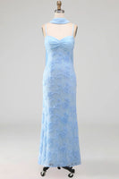 Laden Sie das Bild in den Galerie-Viewer, Blaues Meerjungfrauen-Spaghettiträger mit Appliquiertem Midi-Blumenkleid mit Halsschal