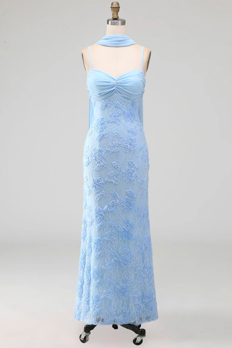 Laden Sie das Bild in den Galerie-Viewer, Blaues Meerjungfrauen-Spaghettiträger mit Appliquiertem Midi-Blumenkleid mit Halsschal