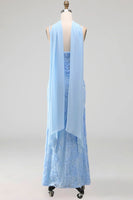 Laden Sie das Bild in den Galerie-Viewer, Blaues Meerjungfrauen-Spaghettiträger mit Appliquiertem Midi-Blumenkleid mit Halsschal