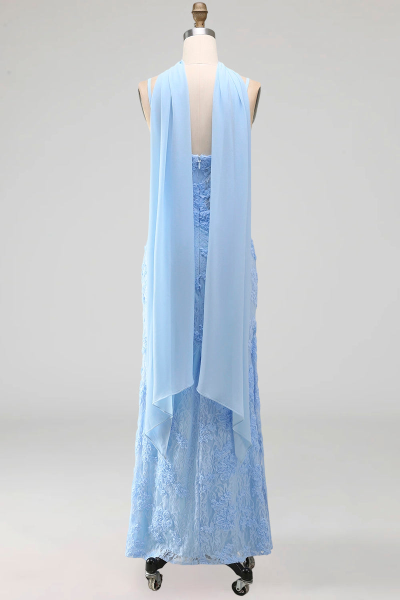 Laden Sie das Bild in den Galerie-Viewer, Blaues Meerjungfrauen-Spaghettiträger mit Appliquiertem Midi-Blumenkleid mit Halsschal