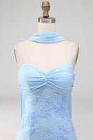 Laden Sie das Bild in den Galerie-Viewer, Blaues Meerjungfrauen-Spaghettiträger mit Appliquiertem Midi-Blumenkleid mit Halsschal