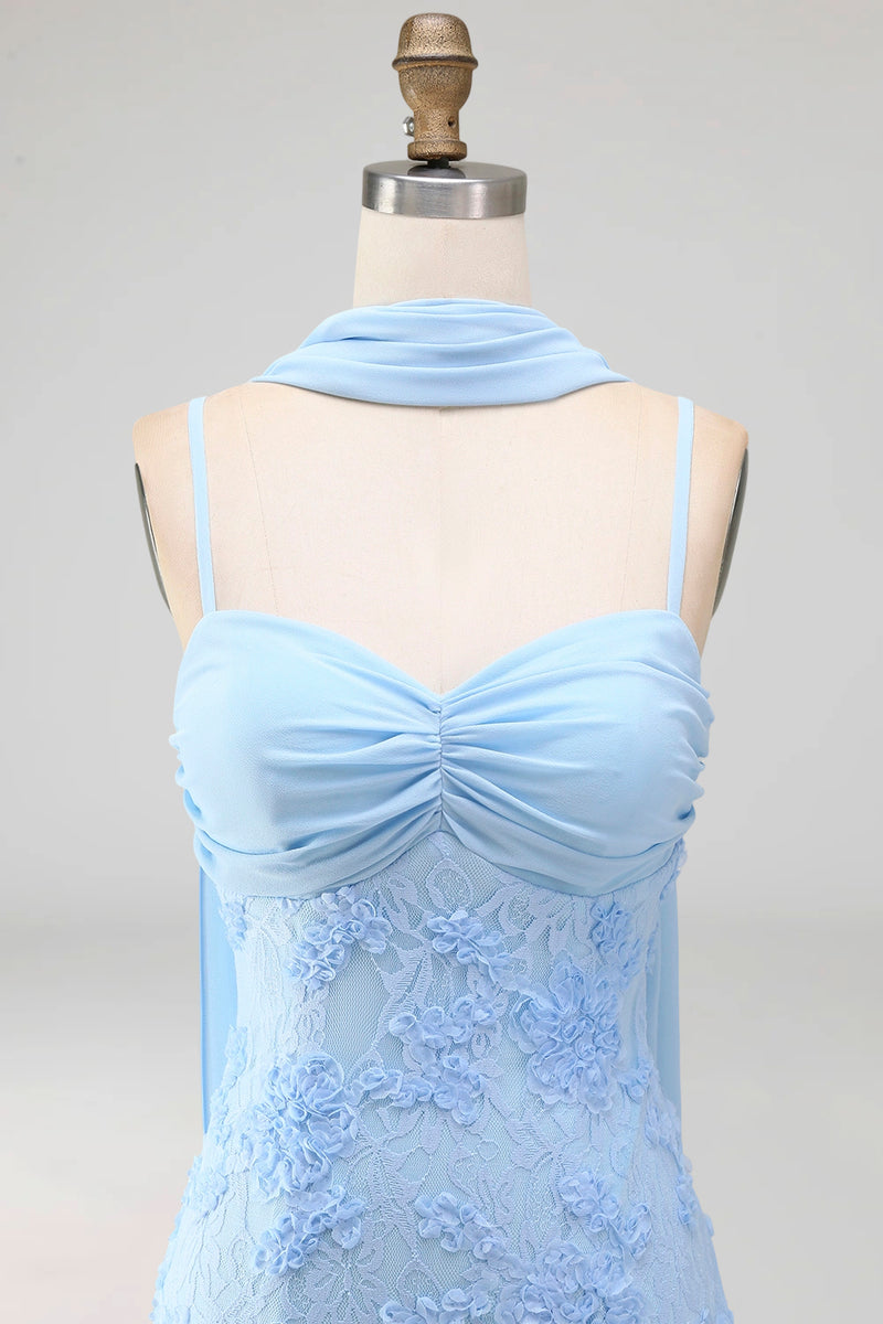 Laden Sie das Bild in den Galerie-Viewer, Blaues Meerjungfrauen-Spaghettiträger mit Appliquiertem Midi-Blumenkleid mit Halsschal