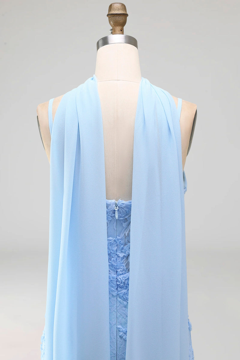 Laden Sie das Bild in den Galerie-Viewer, Blaues Meerjungfrauen-Spaghettiträger mit Appliquiertem Midi-Blumenkleid mit Halsschal