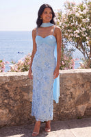 Laden Sie das Bild in den Galerie-Viewer, Blaues Meerjungfrauen-Spaghettiträger mit Appliquiertem Midi-Blumenkleid mit Halsschal