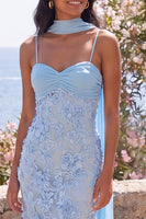 Laden Sie das Bild in den Galerie-Viewer, Blaues Meerjungfrauen-Spaghettiträger mit Appliquiertem Midi-Blumenkleid mit Halsschal
