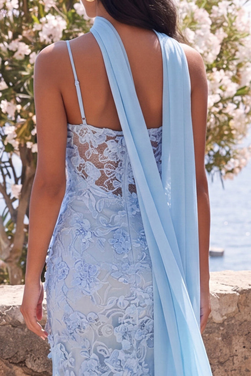 Laden Sie das Bild in den Galerie-Viewer, Blaues Meerjungfrauen-Spaghettiträger mit Appliquiertem Midi-Blumenkleid mit Halsschal