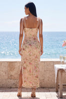 Laden Sie das Bild in den Galerie-Viewer, Glitzerndes Champagner-Meerjungfrauen-Spaghettiträger Pailletten Midi-Blumenkleid mit Schlitz