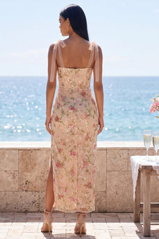 Glitzerndes Champagner-Meerjungfrauen-Spaghettiträger Pailletten Midi-Blumenkleid mit Schlitz