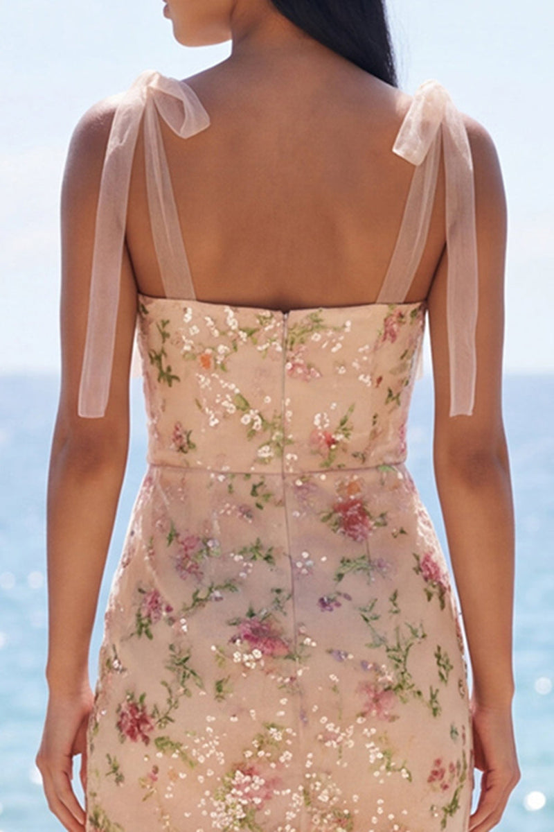 Laden Sie das Bild in den Galerie-Viewer, Glitzerndes Champagner-Meerjungfrauen-Spaghettiträger Pailletten Midi-Blumenkleid mit Schlitz