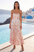 Laden Sie das Bild in den Galerie-Viewer, A-Linie pinkes, trägerloses, besticktes Midi-Blumenkleid