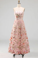 Laden Sie das Bild in den Galerie-Viewer, A-Linie Rosa Trägerloses Besticktes Midi-Blumenkleid