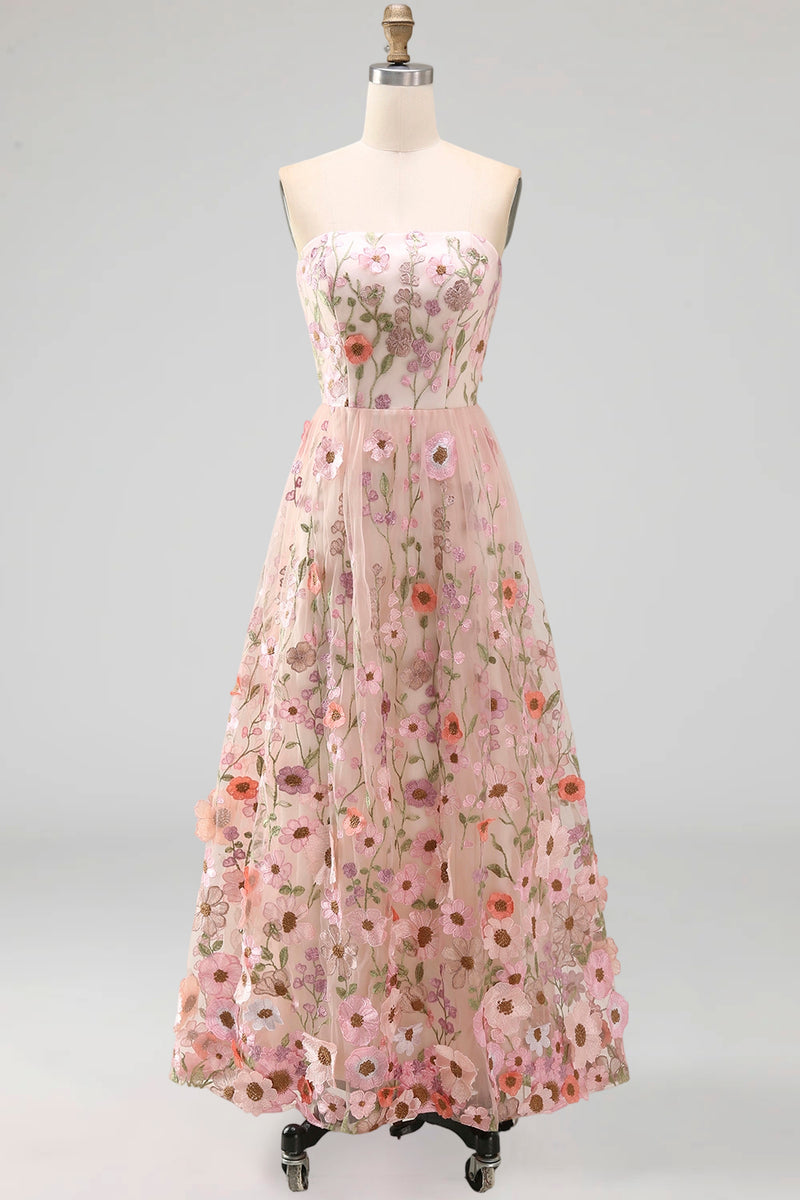 Laden Sie das Bild in den Galerie-Viewer, A-Linie Rosa Trägerloses Besticktes Midi-Blumenkleid