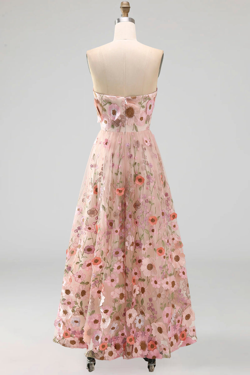 Laden Sie das Bild in den Galerie-Viewer, A-Linie Rosa Trägerloses Besticktes Midi-Blumenkleid