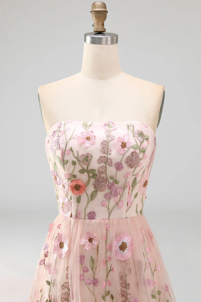 Laden Sie das Bild in den Galerie-Viewer, A-Linie Rosa Trägerloses Besticktes Midi-Blumenkleid