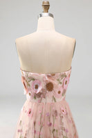 Laden Sie das Bild in den Galerie-Viewer, A-Linie Rosa Trägerloses Besticktes Midi-Blumenkleid