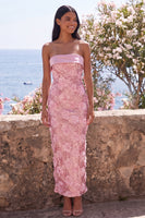 Laden Sie das Bild in den Galerie-Viewer, Glitzerndes pinkes, trägerloses Bodycon-Pailletten-Midi-Blumenkleid mit Schlitz