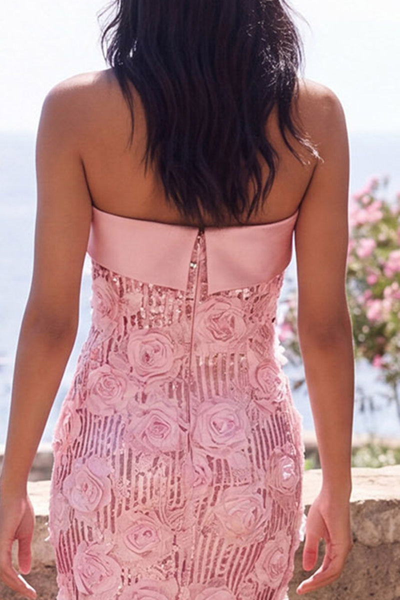 Laden Sie das Bild in den Galerie-Viewer, Glitzerndes pinkes, trägerloses Bodycon-Pailletten-Midi-Blumenkleid mit Schlitz