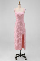 Laden Sie das Bild in den Galerie-Viewer, Glitzerndes pinkes Bodycon mit quadratischen Pailletten, Midi-Blumen-Kleid mit Schlitz