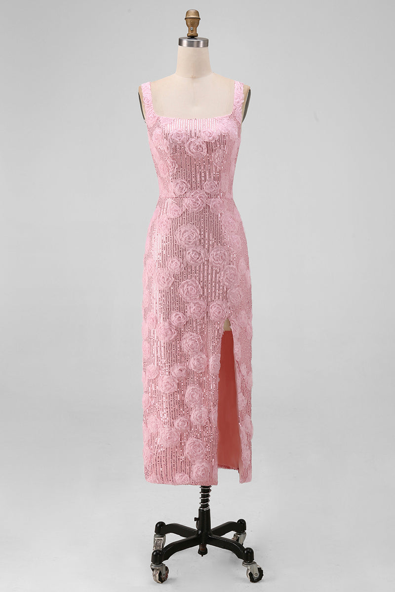 Laden Sie das Bild in den Galerie-Viewer, Glitzerndes pinkes Bodycon mit quadratischen Pailletten, Midi-Blumen-Kleid mit Schlitz