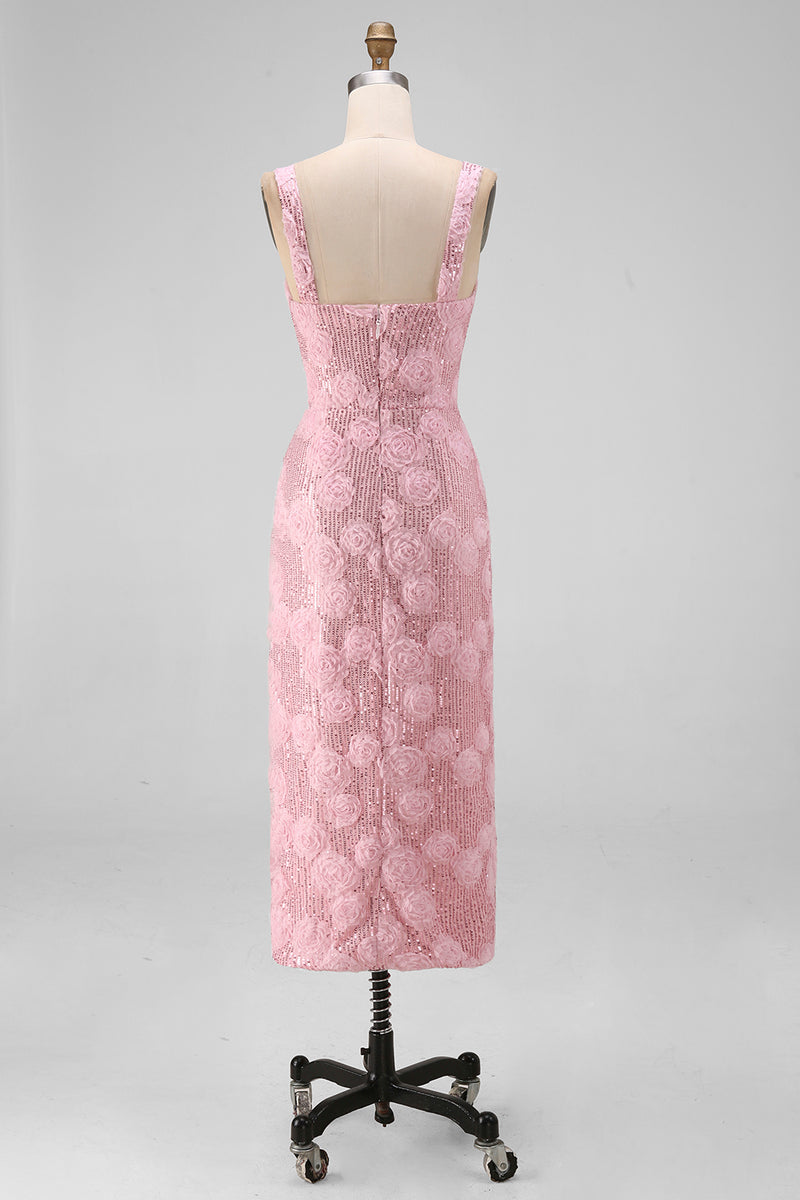 Laden Sie das Bild in den Galerie-Viewer, Glitzerndes pinkes Bodycon mit quadratischen Pailletten, Midi-Blumen-Kleid mit Schlitz
