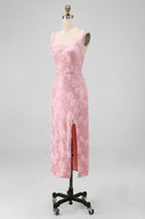 Laden Sie das Bild in den Galerie-Viewer, Glitzerndes pinkes Bodycon mit quadratischen Pailletten, Midi-Blumen-Kleid mit Schlitz