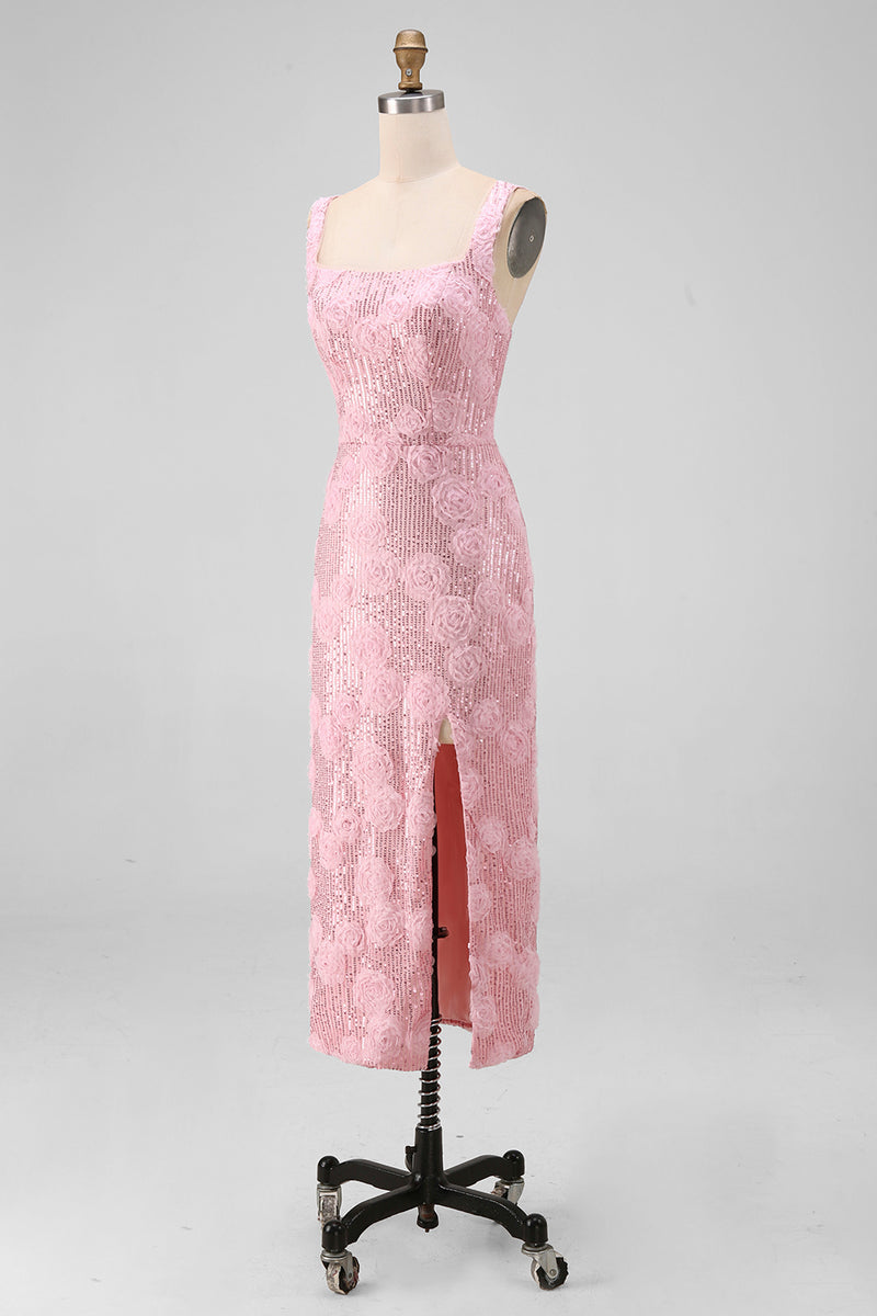 Laden Sie das Bild in den Galerie-Viewer, Glitzerndes pinkes Bodycon mit quadratischen Pailletten, Midi-Blumen-Kleid mit Schlitz