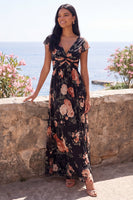 Laden Sie das Bild in den Galerie-Viewer, Schwarzes Chiffon-A-Linien V-Ausschnitt Maxi-Blumenkleid mit Mützenärmeln