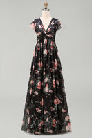 Laden Sie das Bild in den Galerie-Viewer, Schwarzes Chiffon-A-Linien V-Ausschnitt Maxi-Blumenkleid mit Mützenärmeln