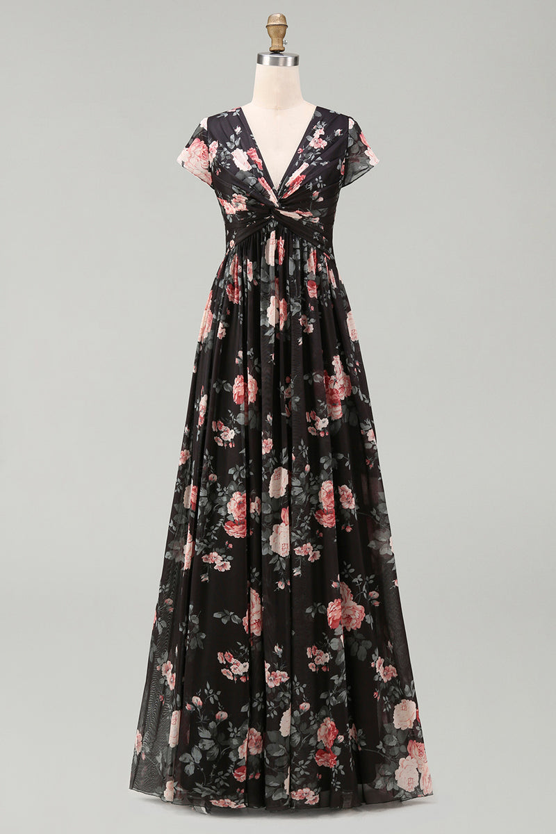 Laden Sie das Bild in den Galerie-Viewer, Schwarzes Chiffon-A-Linien V-Ausschnitt Maxi-Blumenkleid mit Mützenärmeln