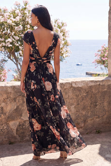 Schwarzes Chiffon-A-Linien V-Ausschnitt Maxi-Blumenkleid mit Mützenärmeln