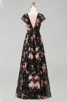 Laden Sie das Bild in den Galerie-Viewer, Schwarzes Chiffon-A-Linien V-Ausschnitt Maxi-Blumenkleid mit Mützenärmeln