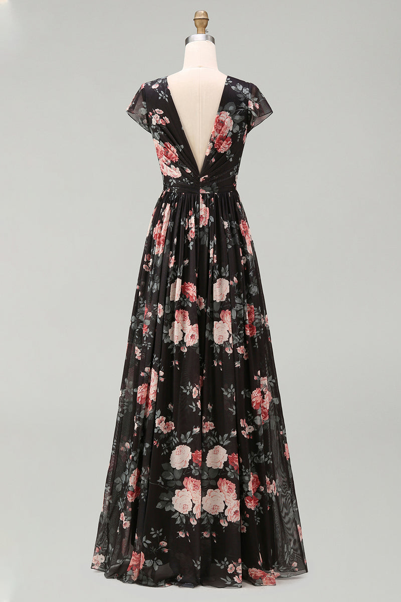 Laden Sie das Bild in den Galerie-Viewer, Schwarzes Chiffon-A-Linien V-Ausschnitt Maxi-Blumenkleid mit Mützenärmeln