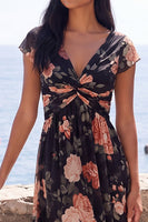 Laden Sie das Bild in den Galerie-Viewer, Schwarzes Chiffon-A-Linien V-Ausschnitt Maxi-Blumenkleid mit Mützenärmeln