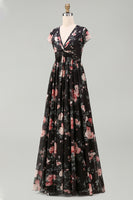 Laden Sie das Bild in den Galerie-Viewer, Schwarzes Chiffon-A-Linien V-Ausschnitt Maxi-Blumenkleid mit Mützenärmeln