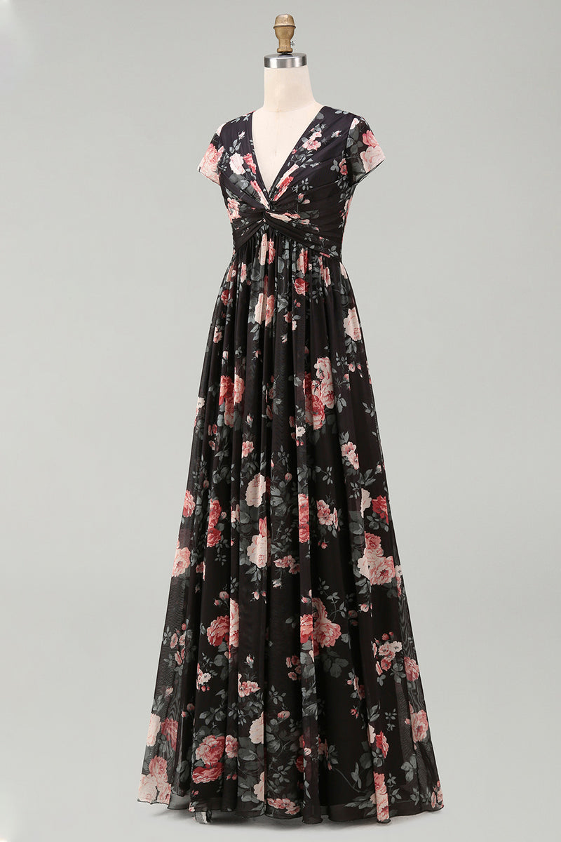 Laden Sie das Bild in den Galerie-Viewer, Schwarzes Chiffon-A-Linien V-Ausschnitt Maxi-Blumenkleid mit Mützenärmeln