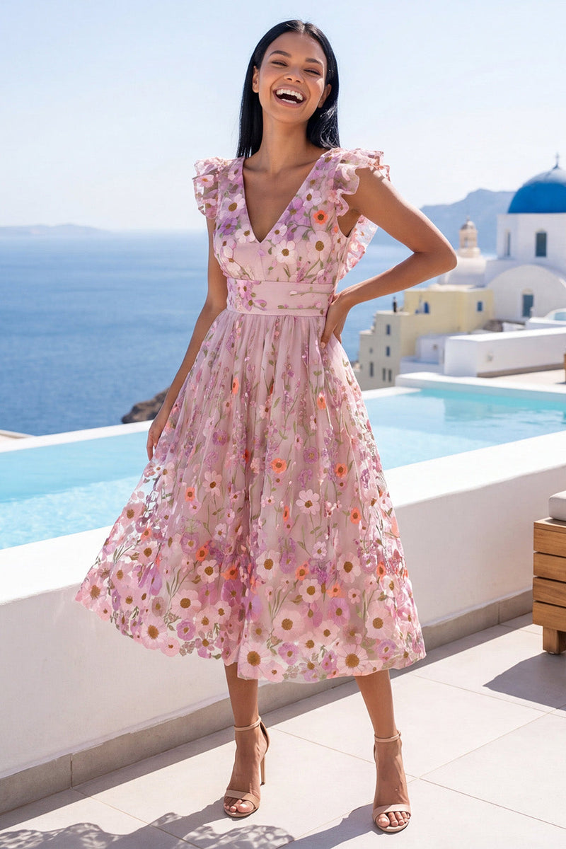 Laden Sie das Bild in den Galerie-Viewer, A-Linie rosa V-Ausschnitt gesticktes florales Midikleid mit Rüschen