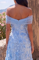 Laden Sie das Bild in den Galerie-Viewer, A-Linie blaues Off-the-shoulder geblümtes Maxikleid mit Applikationen