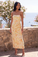 Laden Sie das Bild in den Galerie-Viewer, Gelbes, trägerloses, gerafftes Bodycon Midi-Blumenkleid mit Schlitz