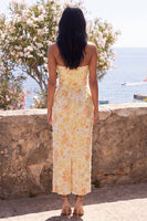 Laden Sie das Bild in den Galerie-Viewer, Gelbes, trägerloses, gerafftes Bodycon Midi-Blumenkleid mit Schlitz