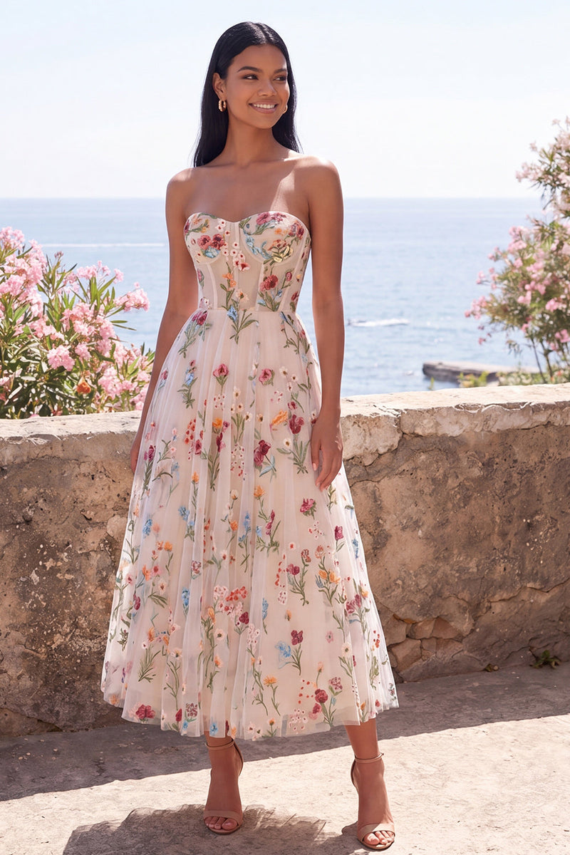 Laden Sie das Bild in den Galerie-Viewer, Elfenbeinfarbenes Sweetheart Tüll-Korsett A-Linie besticktes Midi-Blumenkleid