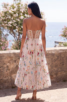 Laden Sie das Bild in den Galerie-Viewer, Elfenbeinfarbenes Sweetheart Tüll-Korsett A-Linie besticktes Midi-Blumenkleid