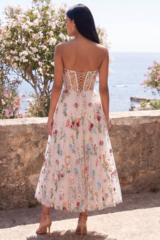 Elfenbeinfarbenes Sweetheart Tüll-Korsett A-Linie besticktes Midi-Blumenkleid