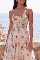 Laden Sie das Bild in den Galerie-Viewer, Elfenbeinfarbenes Sweetheart Tüll-Korsett A-Linie besticktes Midi-Blumenkleid