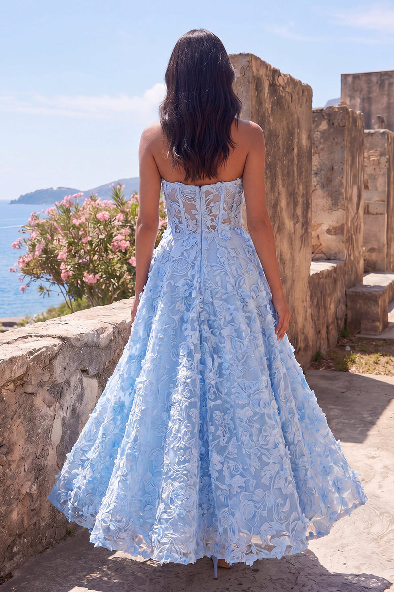 Laden Sie das Bild in den Galerie-Viewer, Blaues, trägerloses, transparentes Korsett, mit Applikation appliziertes Midi-Blumenkleid