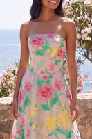 Laden Sie das Bild in den Galerie-Viewer, Narzissen Pink Flower Trägerloses A-Linien-Midi-Kleid