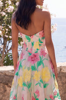 Laden Sie das Bild in den Galerie-Viewer, Narzissen Pink Flower Trägerloses A-Linien-Midi-Kleid